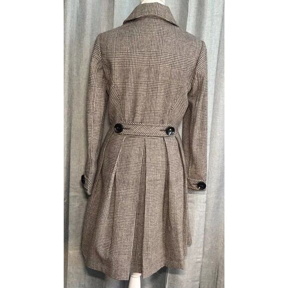 Ben Sherman Coat Womens Small Brown Glen Plaid Pleated Long Peacoat Wool - Picture 2 of 16